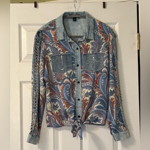 AZI New York Mixed Media Button Down Tie Front Shirt Size S